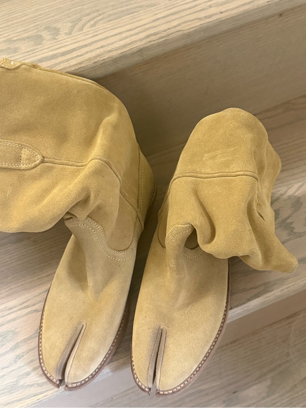 Split-Toe Suede Ankle Boots in Mustard Yellow